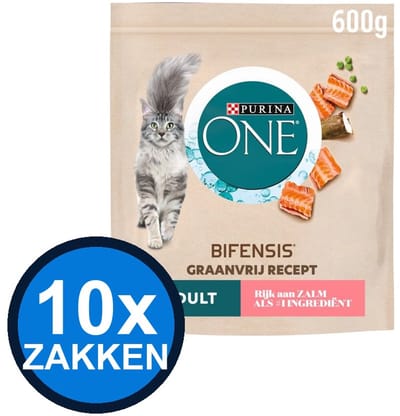 10x Purina One - Adult Zalm Graanvrij - Kattenvoer Droogvoer - 600 g