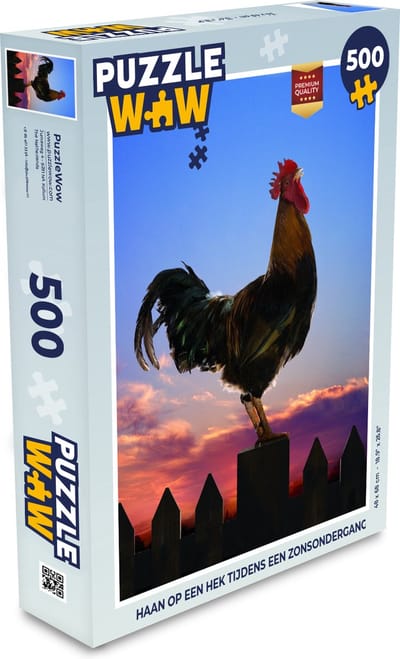 Puzzel Haan op een hek tijdens een zonsondergang - Legpuzzel - Puzzel 500 stukjes