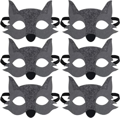 Set van 6 grijze wolfmaskers voor kinderen, vilten dierenmaskers voor feesten, cosplay en verjaardagen