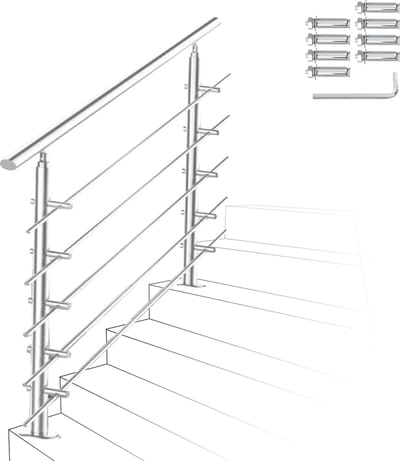 Trapleuning - Roestvrij Stalen - 80cm - 5 Dwarsbalken - leuning voor binnen en buiten - In Hoek Verstelbaar Trapleuningen - met Kogelring en 2 Palen - voor Trap Balkon Terras Borstwering - Ø 42 mm