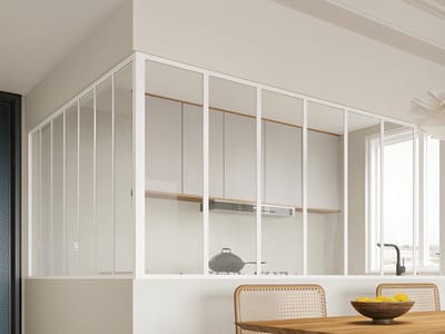 Vente-unique Glazen hoekbinnenraam met industriële stijl van gepoedercoat aluminium - L210 x L210 x H105 - Wit - BAYVIEW
