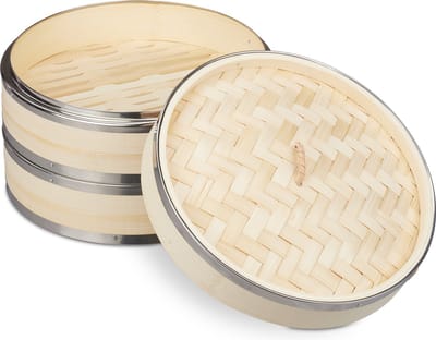 Stoommandje 2 etages bamboe - Ø 24 cm - met metalen randen - Aziatische stomer voor rijst en dim sum