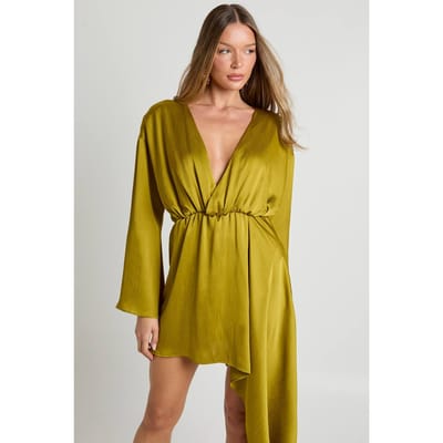boohoo Dames Textuurrijke satijn draperende wikkelmini-jurk | Chartreuse | Maat: 8