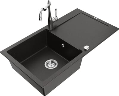 Mexen Leo granieten spoelbak 1-kompartyment met afdruiprek en keukenkraan Carla, zwart/goud metallic - 6501-75-670700-00