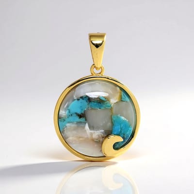 Cavill - Zilveren hanger met 9K goud plating - 925 sterling zilver - Turkoois mozaïek cabochon 16mm - Elegant geometrisch sieraad