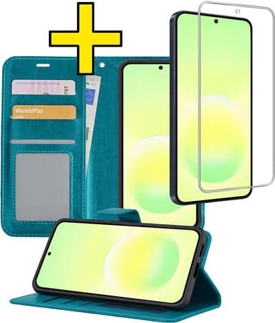 Hoesje - Met Screenprotector - Geschikt voor Samsung Galaxy A57 - Luxe Pasjeshouder - Bookcase Portemonee - Flip Case - Kunstleer Book Case - Flipcase - Book Cover - Walletcase - Portemonneehoes - Telefoonhoesjes - Turquoise