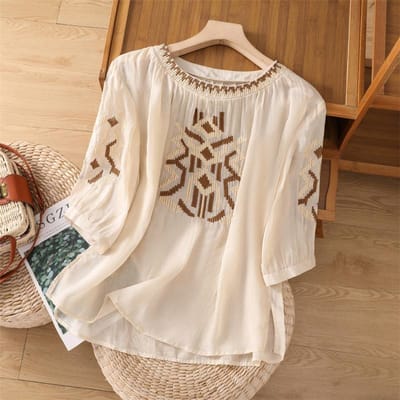 Zware Industrie Geborduurd Katoen en Linnen Vijfpuntsmouw Shirt voor Dames Nieuwe Zomer Losse Slim Ronde Hals Pullover Katoen en Linnen Top 4XL white