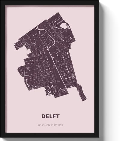 Poster Delft A4 - 21 x 30 cm - Paars Inclusief lijst (Zwart MDF)