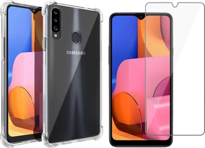 Hoesje geschikt voor Samsung Galaxy A20s - Anti Shock Proof Siliconen Back Cover Case Hoes Transparant - Tempered Glass Screenprotector