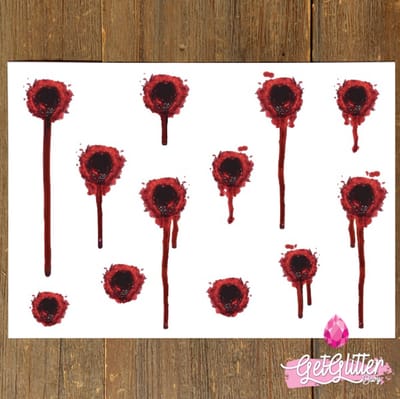 GetGlitterBaby® - Schotwonden Tattoo / Halloween Decoratie Versiering / Carnaval Schmink Make Up Plak Tattoos / Tijdelijke Tattoo / Nep Tatoeage - Kogelgaten met Bloed