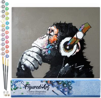 Figured'Art Schilderen op Nummer Volwassenen canvas Aap met koptelefoon op - Handwerk acrylverf Kit DIY Compleet - 40x50cm zonder frame