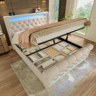 Pugsdrly Modern gestoffeerd tweepersoonsbed 140x190 cm, gestoffeerd bed met led-verlichting, hoofdeinde met opbergruimte en USB- en Type-C-aansluitingen, hydraulisch opbergbed, beige, fluweel (zonder matras)