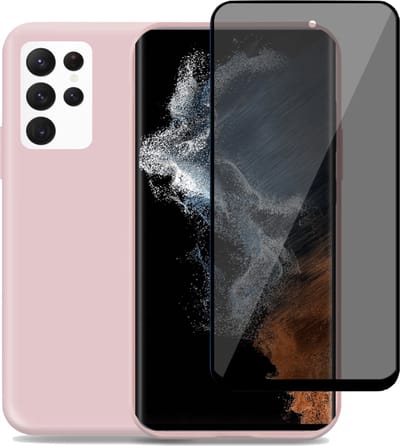 Hoesje geschikt voor Samsung S22 Ultra + Privacy Screenprotector – Privé Gehard Glas Cover - Suède Case Rose
