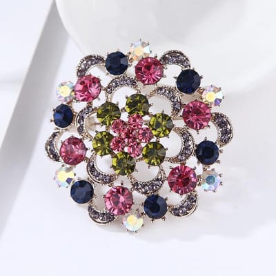 Broche Pin Alliage Luxe Exquis Haut de Gamme Cristal Couleur Pierre Précieuse Nœud Fleur Vintage gray