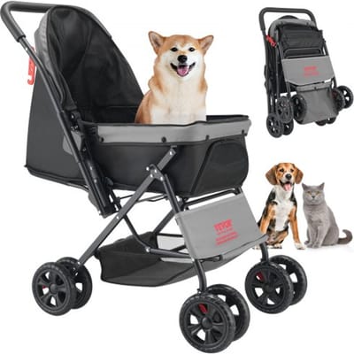 VEVOR Hondenbuggy, laadvermogen 20 kg, opvouwbare hondenkar, hondenbench met 4 wielen, gaasvensters en omkeerbare handgreep, huisdierentransporter met rem, voor kleine tot middelgrote huisdieren
