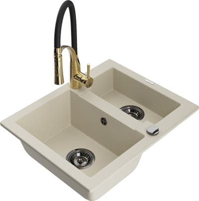 Mexen Carlos granieten spoelbak 1,5-compartiment met keukenmengkraan Aster, beige - 6518-69-73450-57-B