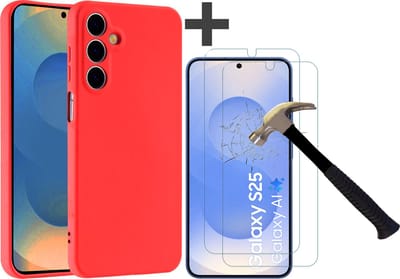 Hoesje geschikt voor Samsung Galaxy S25 hoesje zacht siliconen met 2 Stuks gehard glas Screenprotectors- Arara backcover - Rood