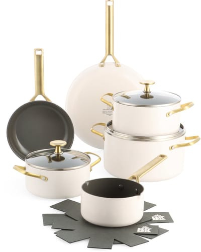 BK Sublime Pannenset 11-delig - 18/20/24/28cm - PFAS vrije antikleeflaag - Pannenset inductie - Keramische pan - Ovenbestendig tot 220°C - Gouden stainless steel handgrepen - Crème