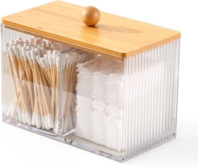 Transparante Makeup Remover Watten Dispenser met Houten Deksel - Plastic Cosmetica Opbergdoos voor Badkamer en Make-up Tafel, Ideaal voor Organisatie en Opslag