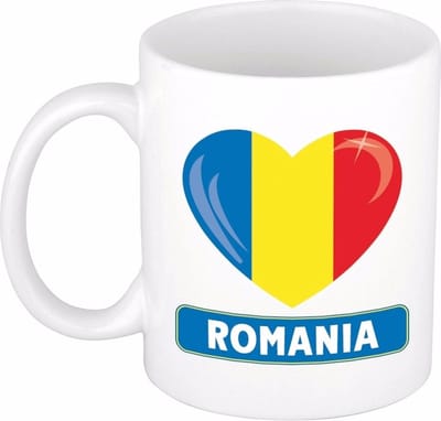 Hartjes vlag Roemanie koffiemok - drink beker - white - 300 ml - Romania - Supporters - cadeau - landen - feestartikelen