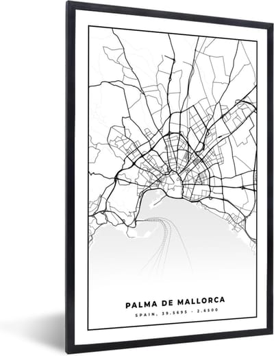 Fotolijst incl. Poster Zwart Wit- Mallorca - Stadskaart - Kaart - Zwart Wit - Plattegrond - 40x60 cm - Posterlijst