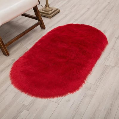 Tapis ovales en fausse laine, peluche douce et moelleuse, en fausse peau de mouton, pour chambre de fille, décoration de chevet de la maison, en fourrure blanche 50x80cm 19x31inch red