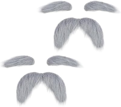 Set van 2 Zelfklevende Snorren en Wenkbrauwen voor Verkleedpartijen, Carnaval en Cosplay (Grijs) - Perfect voor Feestjes en Theatrale Optredens