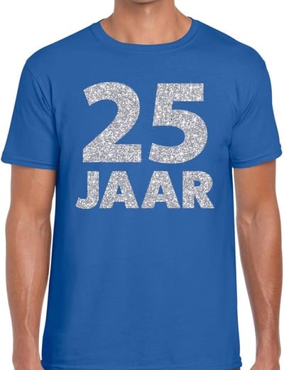 25 jaar verjaardag t-shirt - blauw - voor heren - zilver glitters print - jubileum - leeftijd - korte mouwen S