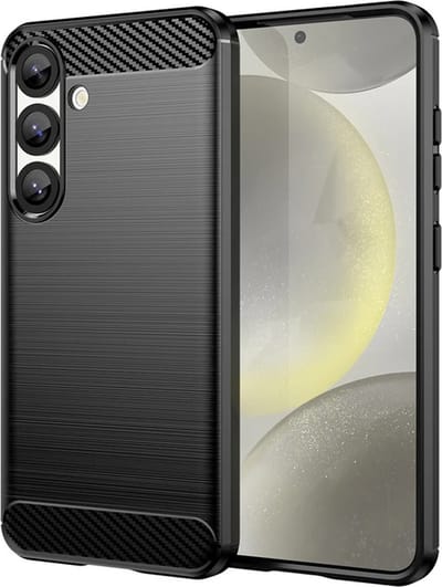 MobyDefend Hoesje - Geschikt voor Samsung Galaxy S25 - TPU Backcover - Geborstelde Metaal & Carbon-Look - Zwart