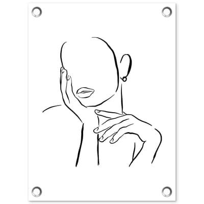 Tuinposter 30x40 cm - Tuindecoratie Abstracte line art van een vrouw met haar hoofd in haar hand - Poster voor in de tuin - Buiten decoratie - Schutting tuinschilderij - Tuindoek muurdecoratie - Wanddecoratie balkondoek