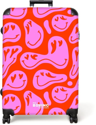 NoBoringSuitcases.com® - Koffer groot - Reiskoffer lichtgewicht - Abstracte smileyfiguren met hartogen op rood en roze - Rolkoffer met 4 wielen - Grote trolley XL - 98 liter bagage