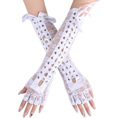 Dames Sexy Bloemig Kant Elleboog Lengte Halfvinger Handschoenen Zwarte Koord Lint Bindt Op Dansfeest Vingerloze Visnet Handschoenen One Size white