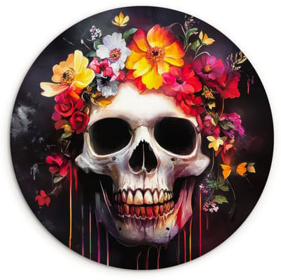 WallCircle® Wandcirkel 120x120 cm - Muurcirkel Schedel - Bloemen - Doodshoofd - Bloed - Kleurrijk - Muurdecoratie woonkamer - Wanddecoratie slaapkamer - Kamer decoratie accessoires - Ronde schilderijen XXL