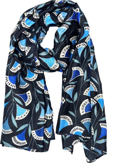 Lange dames sjaal Amorina fantasiemotief blauw wit goud koningsblauw amazon turquoise licht mystic donkerblauw navy