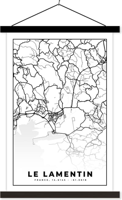 Posterhanger incl. Poster 40x60 cm - Schoolplaat - Stadskaart – Frankrijk – Kaart – Le Lamentin - Plattegrond - Zwart wit - Textielposter - Zwarte latten - Stadskaart