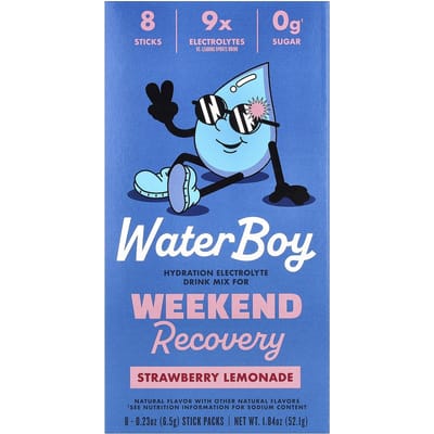 Waterboy, Weekendherstel, Hydraterende Elektrolytendrank Mix, Aardbei Citroenade, 8 Zakjes, 6,5g (0,23 oz) Elk