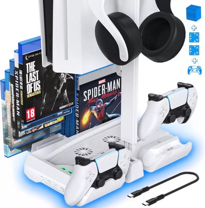 Playstation 5 docking station - PS5 oplaadstation - Charging dock voor 2 DualSense Controllers - 12 CD Game slots - Headset Houder voor de PS5 - P5249