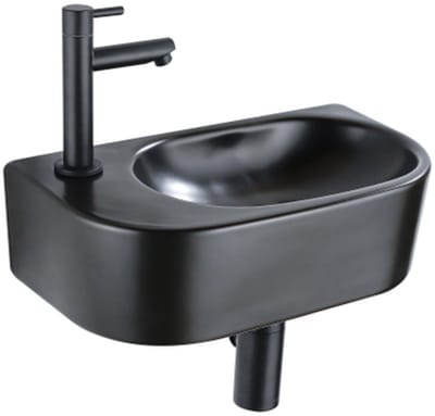 QeramiQ Fuente Fonteinset - 40x21.5x12cm - links - glad - halfrond - 1 kraangat - keramiek - fonteinkraan zwart mat - afvoerplug - verlaagd sifon - zwart mat