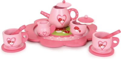 Playwood - Houten thee serviesje met paddestoel motief - 12 delig speelgoed servies