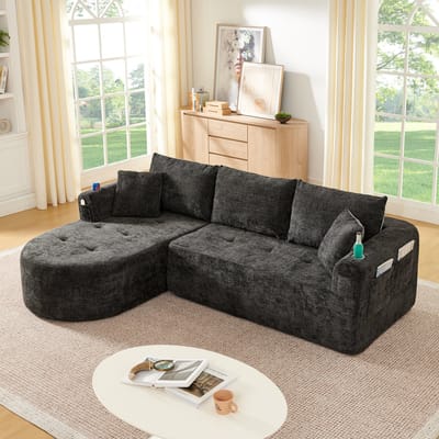 Moderne Hoekbank, L-Bank, 3-Zitsbank, L-vormige Hoekbank als Cloud Couch in Zelfmontage-uitvoering met Hittebestendige Roestvrijstalen Bekerhouder en Ademende en Duurzame Linnen Bekleding, Inclusief Handige Zijvakken en Armleuningen-Zwart