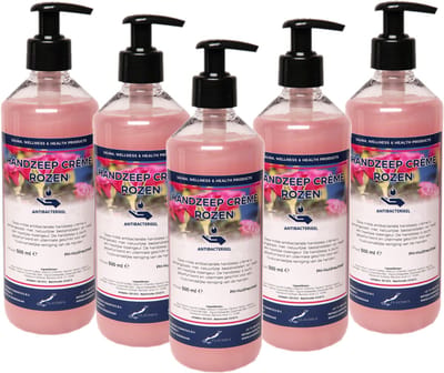 Handzeep Creme Rozen 500 ml - met gratis pompje - set van 5 stuks - Voordeelverpakking