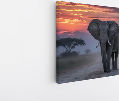 Saammp Canvas Schilderij - Olifant in de Serangeti in de zonsondergang- Natuur - Dieren - 20x20 - Foto op canvas - Wanddecoratie - Muurdecoratie Woonkamer - Slaapkamer decoratie - Canvas Print