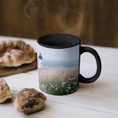 Magische Mok - Foto op Warmte Mokken - Koffiemok - Vuurtoren - Klif - Zee - Bloemen - Magic Mok - Beker - 350 ML - Theemok
