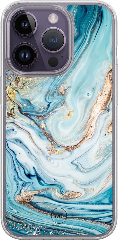 Hybride hoesje geschikt voor iPhone 15 Pro - Marmer blauw goud - Extra bescherming - Luxe beschermhoes - TPU case - Transparant, Blauw, Goud - Mooie Telefoonhoesjes