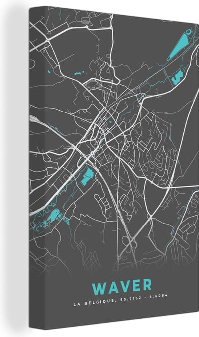 Canvas Schilderij Plattegrond – Waver – Blauw – Stadskaart - Kaart - 20x30 cm - Wanddecoratie