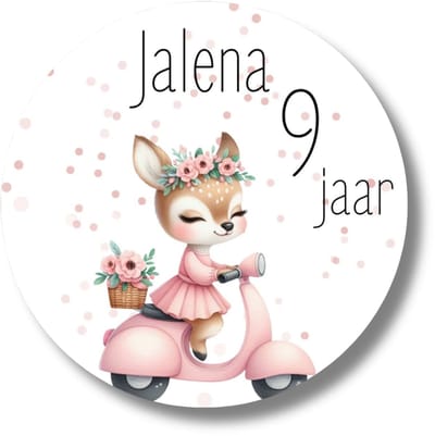 Gepersonaliseerde Stickers Hertje | Scooter Meisje | Naam En Leeftijd | 20 Stuks