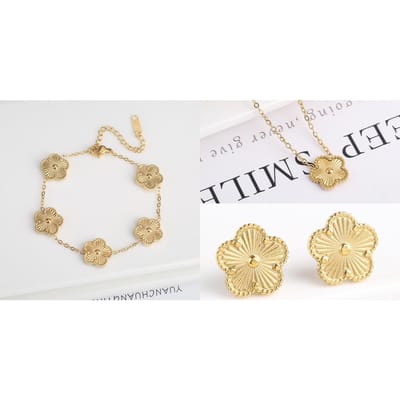 Ensemble 3 Pièces/Set Acier Inoxydable Réversible Métal Laser Bracelet Collier Boucles d'Oreilles Ensemble de Bijoux Classique pour Accessoires Femme Trèfle beige