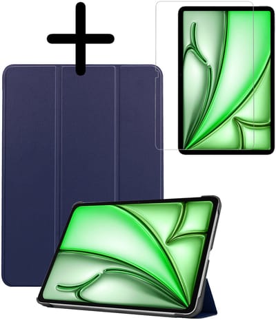 Hoesje Geschikt voor Apple iPad Air M3/M4 (2025/2026) - 11 inch - Met Screenprotector - Trifold Bookcase - Hard Cover - Hardcover Book Case - Tablet Hoes - Donkerblauw