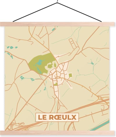 Posterhanger incl. Poster 40x40 cm - Schoolplaat - Kaart - Le Roeulx - Plattegrond - België - Stadskaart - Textielposter - Blanke latten - Stadskaart