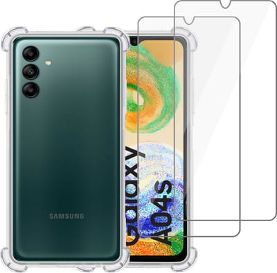 Hoesje geschikt voor Samsung A04s + 2x Screenprotector – Tempered Glass - Extreme Shock Case Transparant
